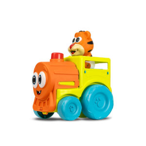 Trenzinho infantil Fofilhotes colorido com personagem tigre, rodas grandes azuis e design lúdico para crianças a partir de 18 meses.