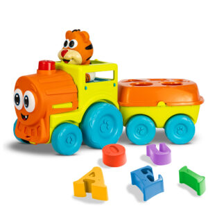 Trenzinho infantil Fofilhotes com carreta e peças de encaixe coloridas, personagem tigre e brinquedo educativo para crianças a partir de 18 meses.