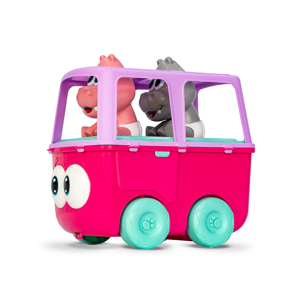 Ônibus infantil Fofilhotes colorido com personagens girafa e hipopótamo, brinquedo educativo com rodas grandes para crianças a partir de 18 meses.