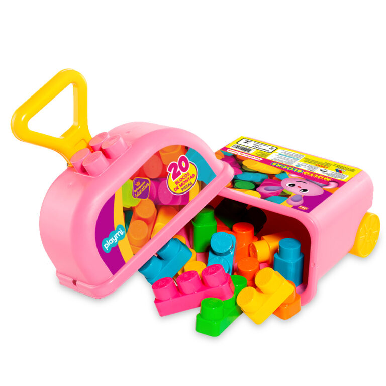 Carrinho de puxar com 20 blocos rosa play&molto