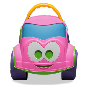 Carrinho infantil Dino Escolar rosa com rodas roxas, detalhes verdes e alça amarela, brinquedo educativo com compartimento organizador para crianças a partir de 18 meses.