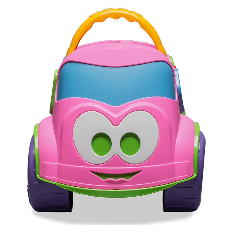 Carrinho infantil Dino Escolar rosa com rodas roxas, detalhes verdes e alça amarela, brinquedo educativo com compartimento organizador para crianças a partir de 18 meses.