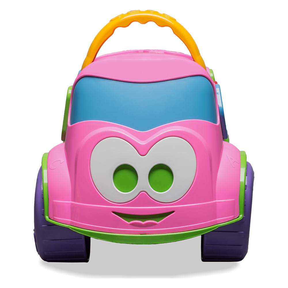 Carrinho infantil Dino Escolar rosa com rodas roxas, detalhes verdes e alça amarela, brinquedo educativo com compartimento organizador para crianças a partir de 18 meses.