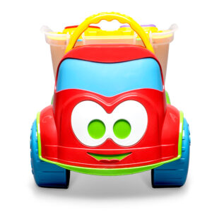 Carrinho infantil Dino Sabidinho Plus vermelho com rodas azuis largas, detalhes verdes e alça amarela, brinquedo educativo com compartimento organizador para crianças a partir de 12 meses.