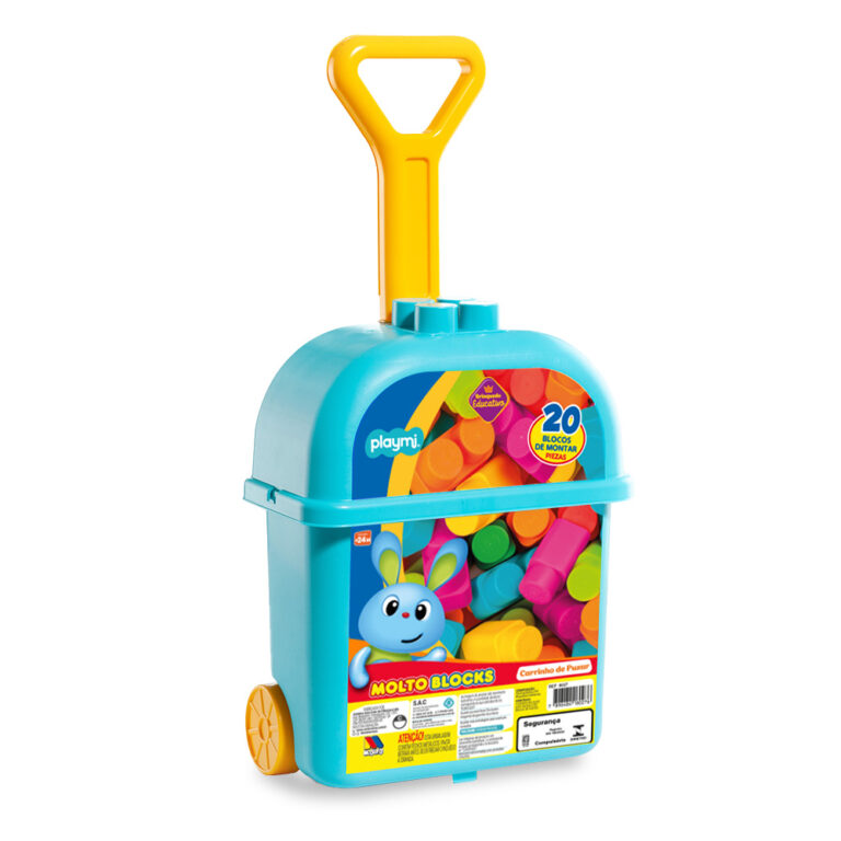 Carrinho de puxar com 20 blocos azul play&molto